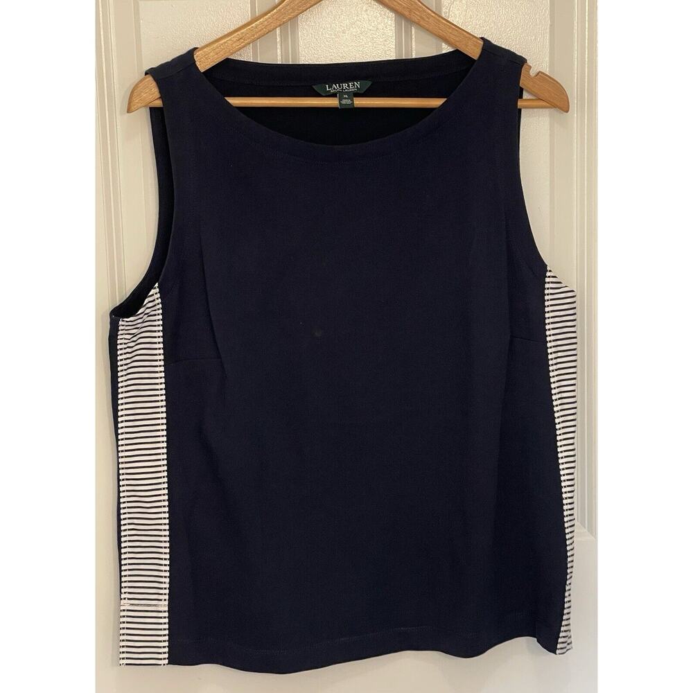 Women’s Lauren Ralph Lauren Navy Cotton‎ Tank Top Shirt w/ Side Stripes Size XL